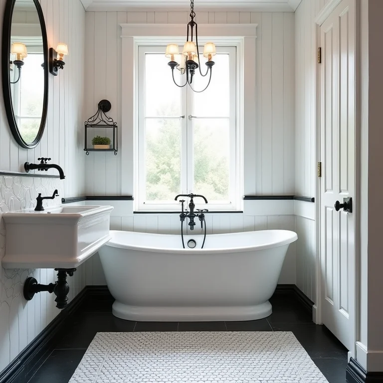 Banheiro clássico com azulejos em preto e branco