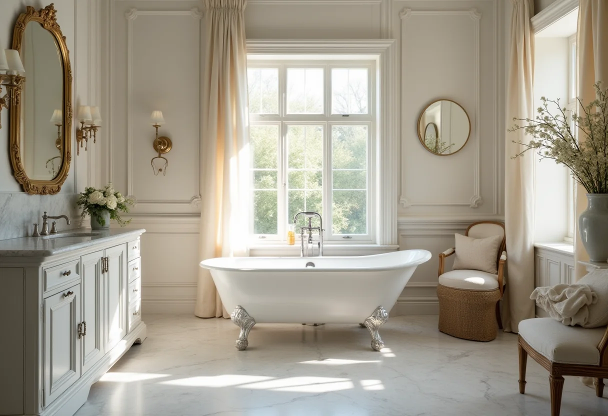 Banheiro clássico com banheira de pés, bancada de mármore e espelho vintage.