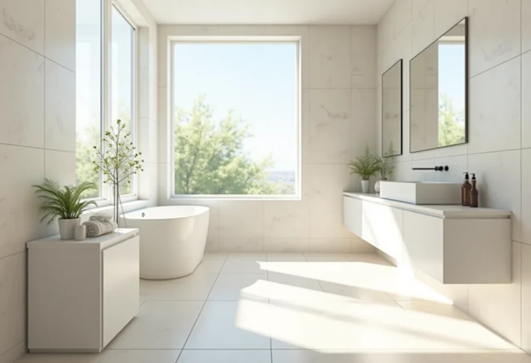 Banheiro clean e iluminado com porcelanato claro