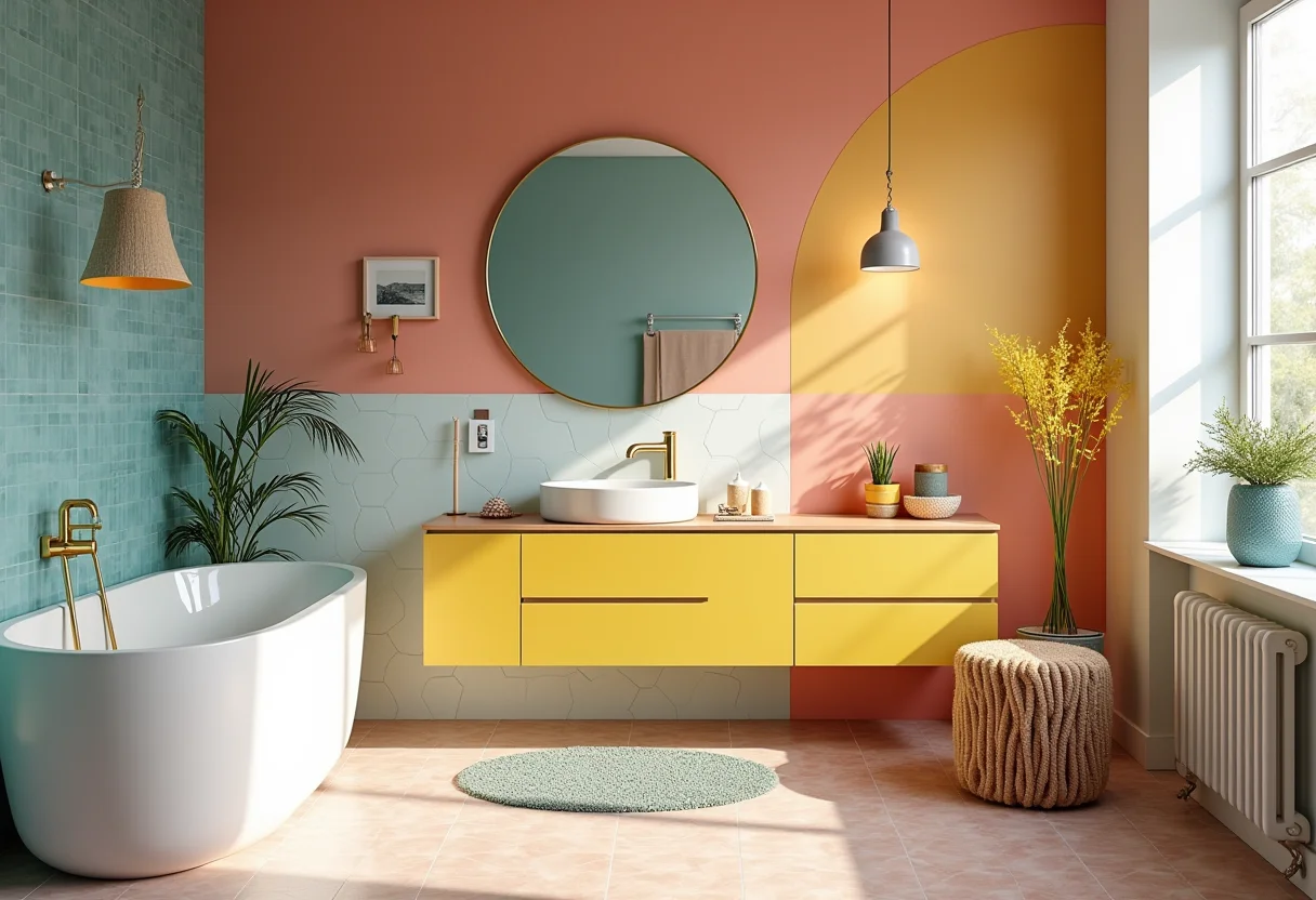 Banheiro colorido com azulejos vibrantes e decoração moderna