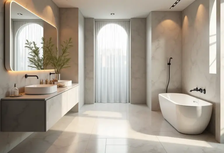 Banheiro com azulejos claros e iluminação suave