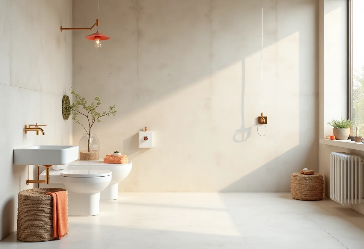 Banheiro com cimento queimado colorido e iluminação natural