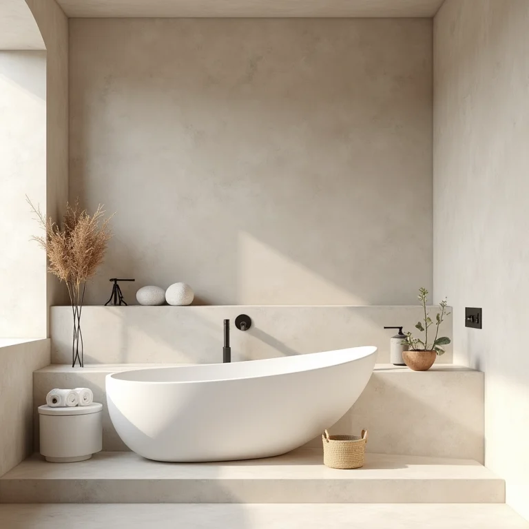 Banheiro com cimento queimado em tons neutros