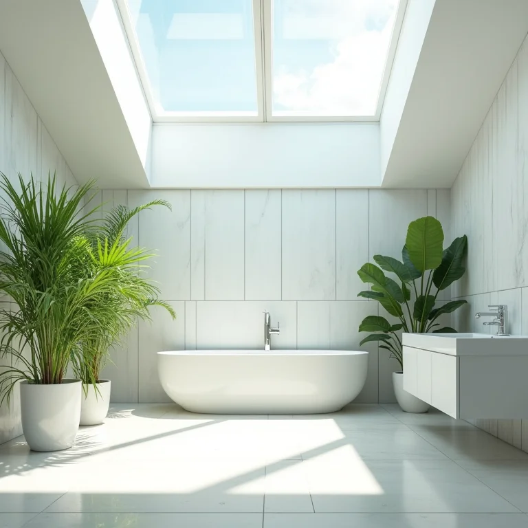 Banheiro com claraboia e luz natural abundante