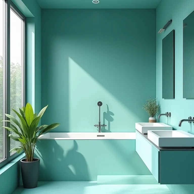 Banheiro com cores análogas azul, verde e turquesa