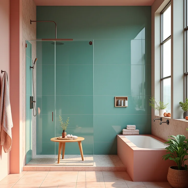 Banheiro com cores complementares teal e coral