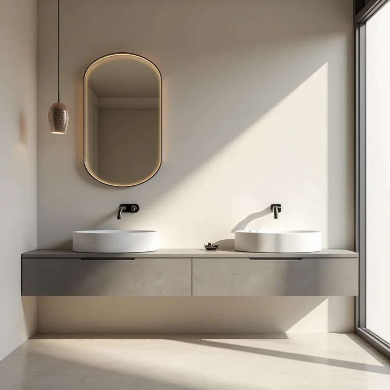 Banheiro com cores neutras e materiais como concreto e metal