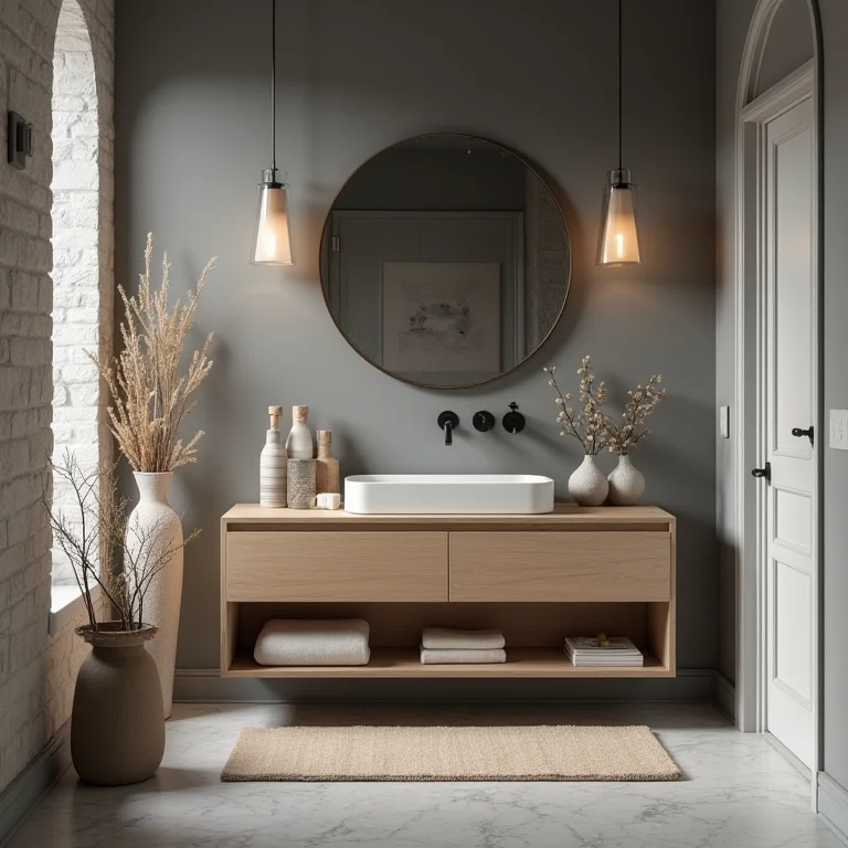 Banheiro com decoração em cinza e madeira