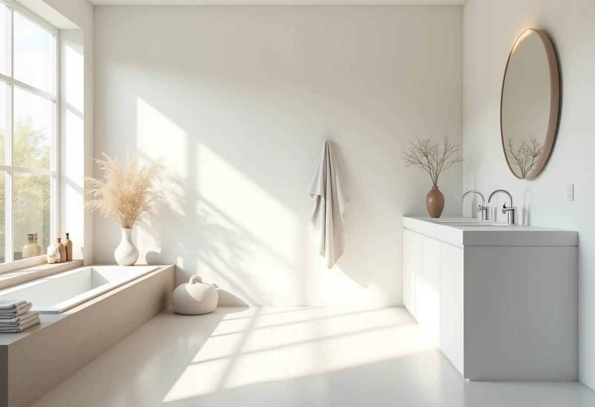 Banheiro com decoração escandinava clean e iluminada.