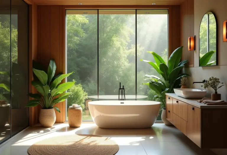 Banheiro com decoração tropical exuberante e elegante