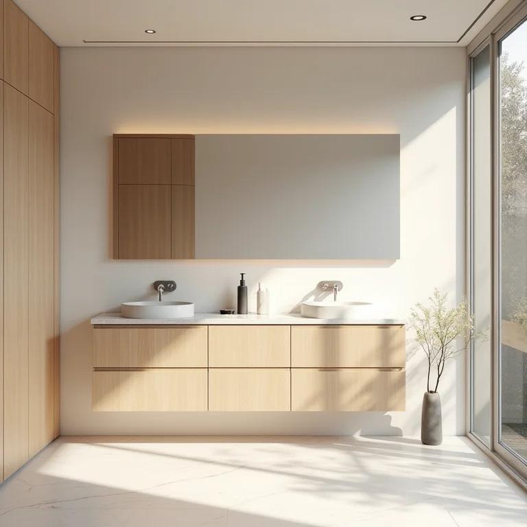 Banheiro com design moderno e armários de madeira clara