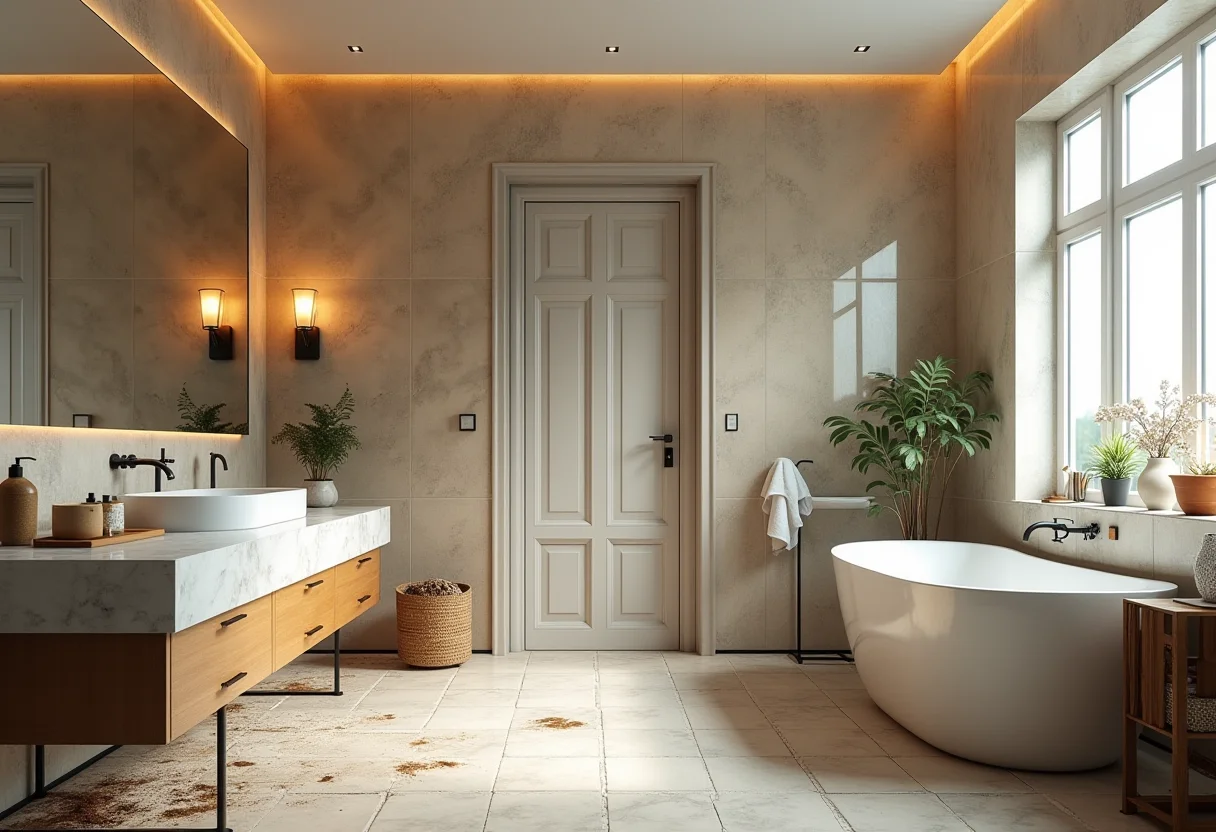 Banheiro com erros de decoração evidentes, como iluminação inadequada e acessórios desorganizados.