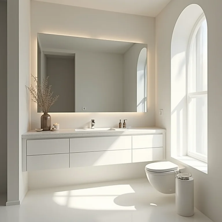 Banheiro com espelho grande ampliando o espaço