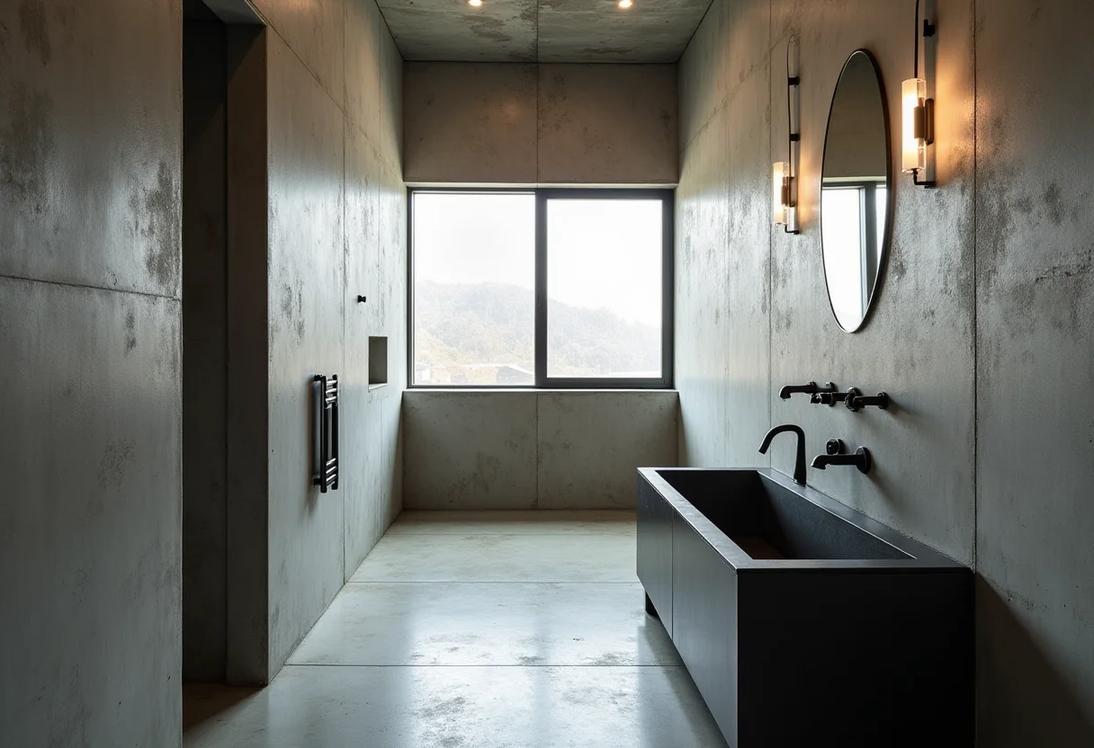 Banheiro com estilo industrial moderno e iluminação natural