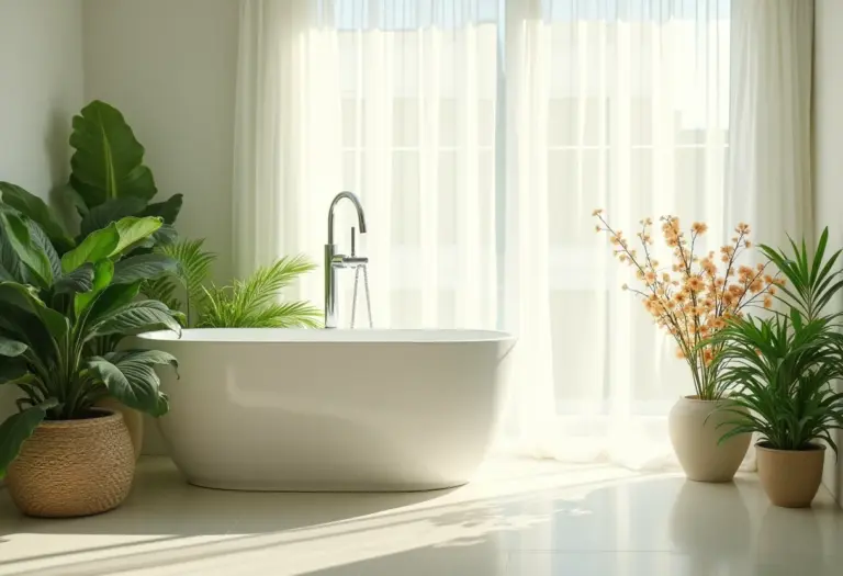 Banheiro com flores bem iluminado e decorado