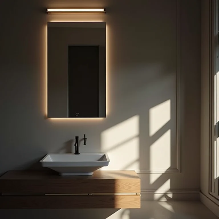 Banheiro com iluminação inadequada, criando sombras e ambiente escuro