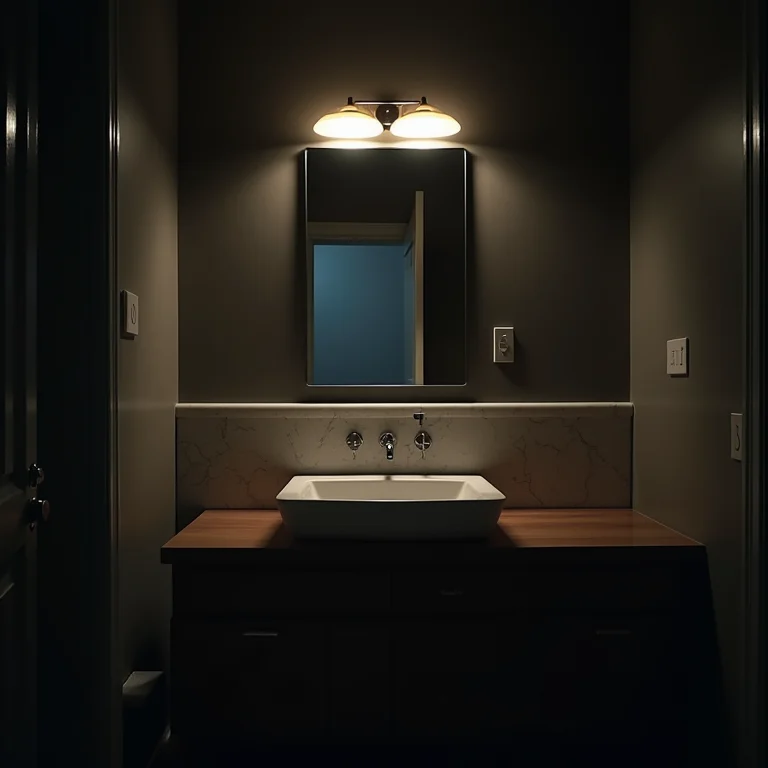 Banheiro com iluminação inadequada e sombras fortes.