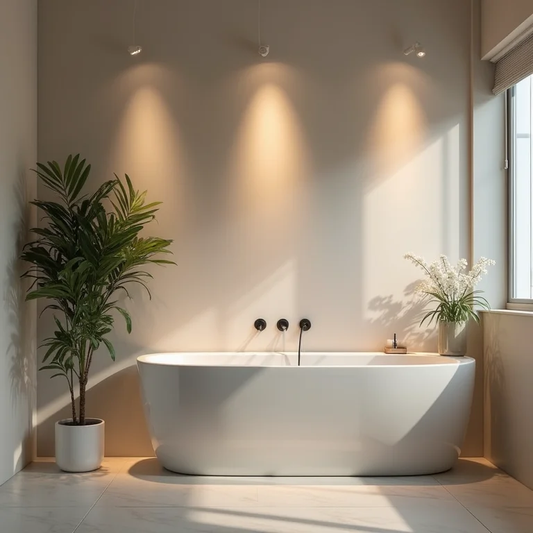 Banheiro com iluminação LED destacando planta decorativa.