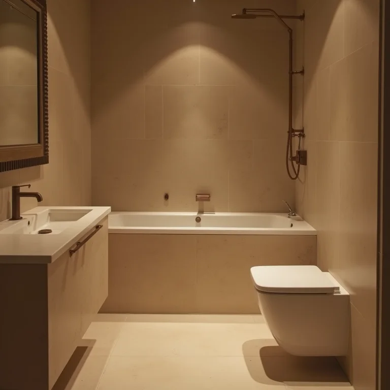 Banheiro com iluminação ruim e tons de bege mal combinados