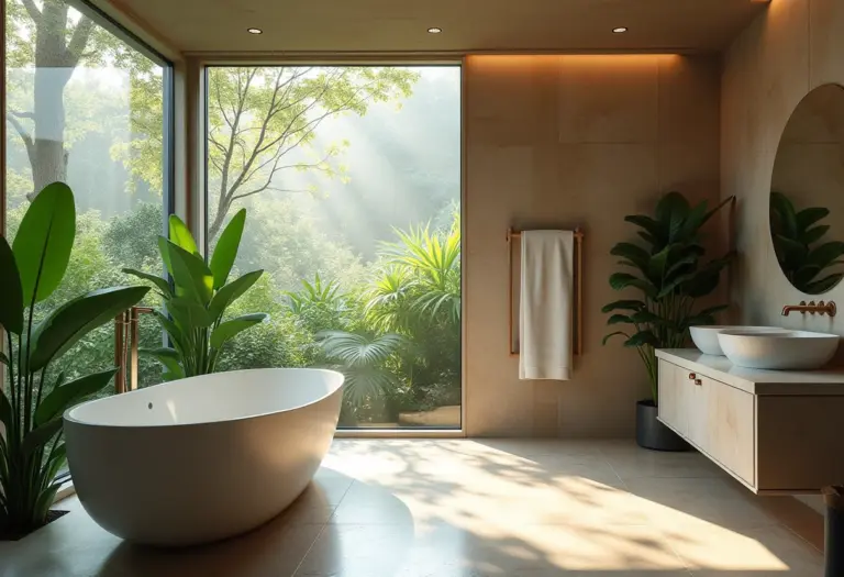 Banheiro com jardim exuberante e iluminação natural