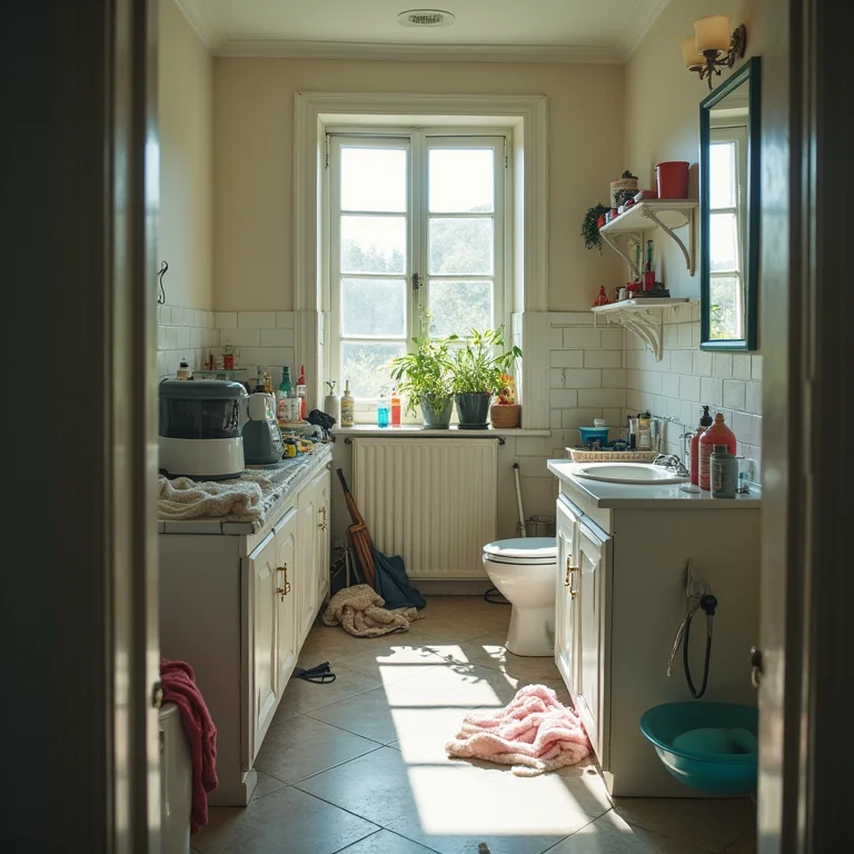 Banheiro com lavanderia mal planejado e desorganizado.