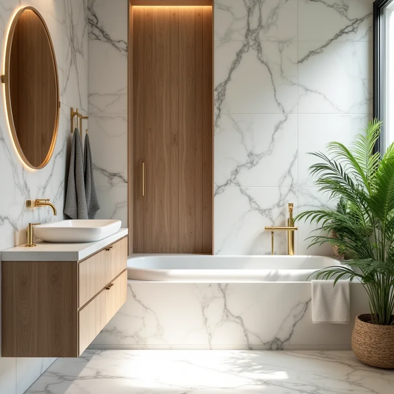Banheiro com mármore, madeira, dourado e plantas: harmonia e estilo.