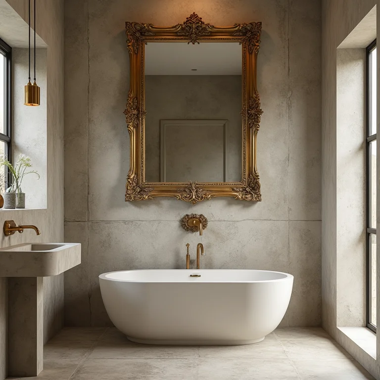 Banheiro com mistura inadequada de materiais e texturas.