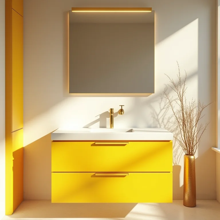 Banheiro com móvel amarelo e detalhes em dourado