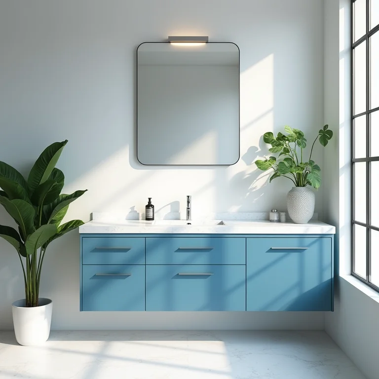 Banheiro com móvel azul e plantas