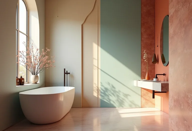 Banheiro com paredes de granilite colorido e decoração minimalista.