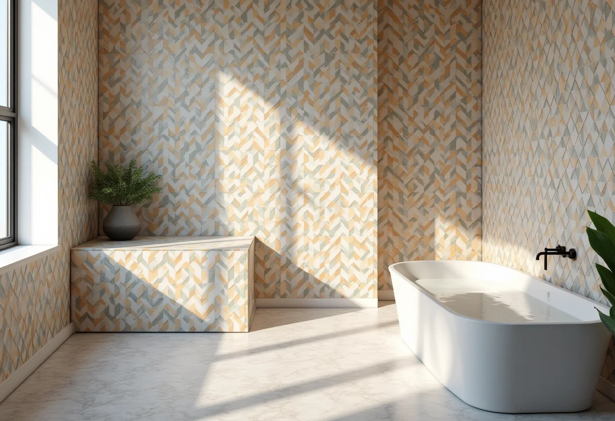 Banheiro com pastilhas coloridas em estilo moderno