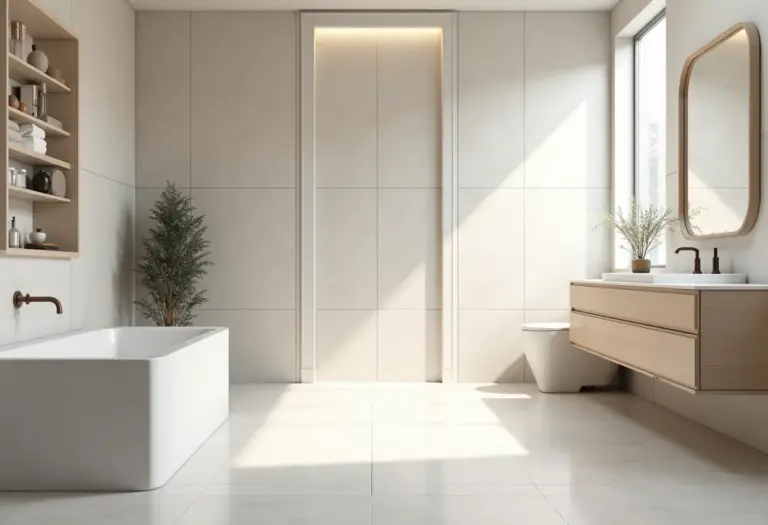 Banheiro com revestimento de porcelanato claro e elegante