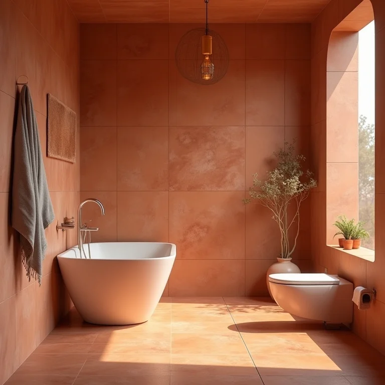 Banheiro com revestimentos em tons terrosos de terracota