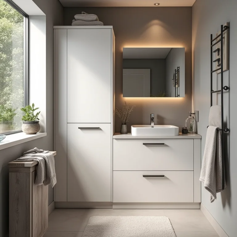 Banheiro compacto com soluções inteligentes de organização