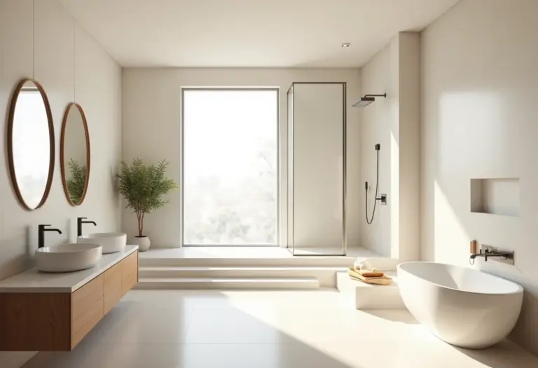 Banheiro contemporâneo com linhas limpas e iluminação natural
