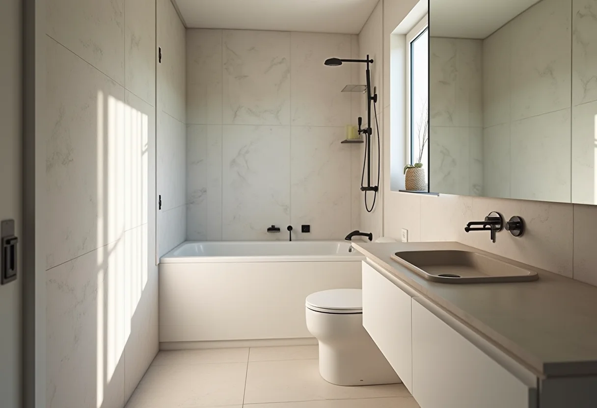 Banheiro de apartamento pequeno com decoração minimalista e luz natural