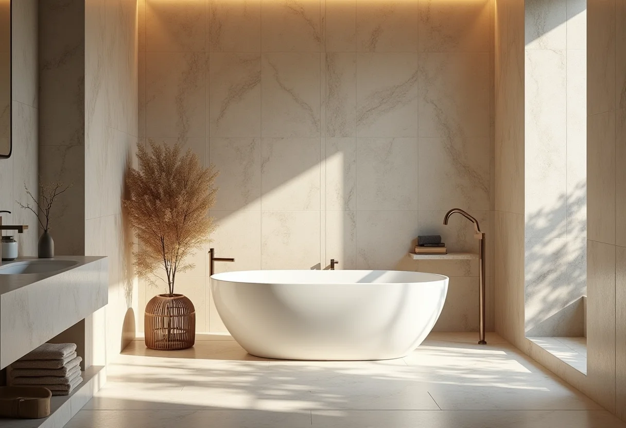 Banheiro de luxo com banheira e iluminação suave