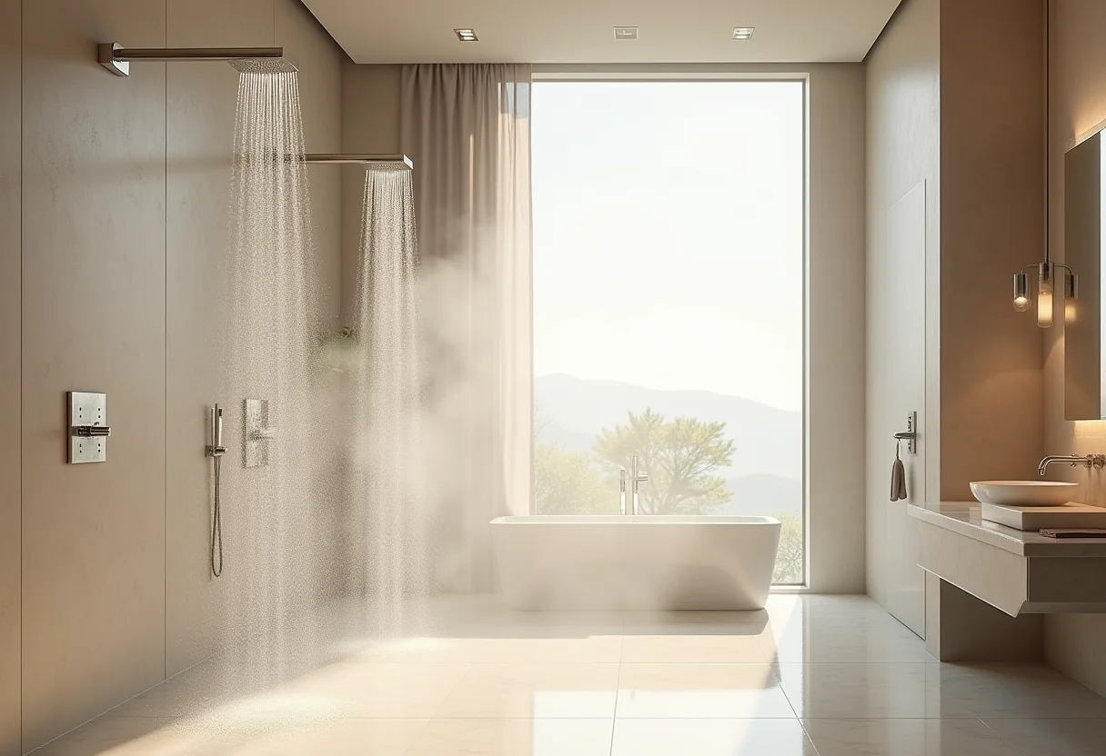 Banheiro de luxo com dois chuveiros grandes e iluminação natural.