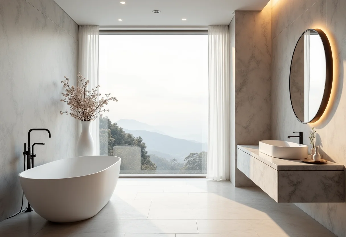 Banheiro de revista com banheira e móveis modernos