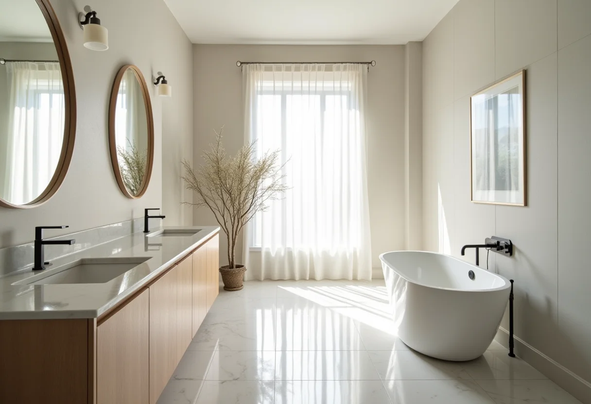 Banheiro de suíte de casal moderno e elegante com luz natural