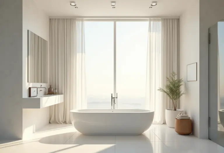 Banheiro de suíte moderno com banheira e luz natural