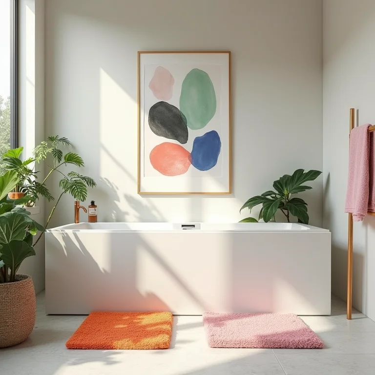 Banheiro decorado com acessórios coloridos