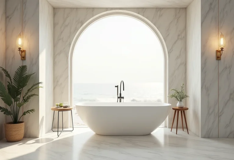 Banheiro dos sonhos com banheira e revestimento elegante