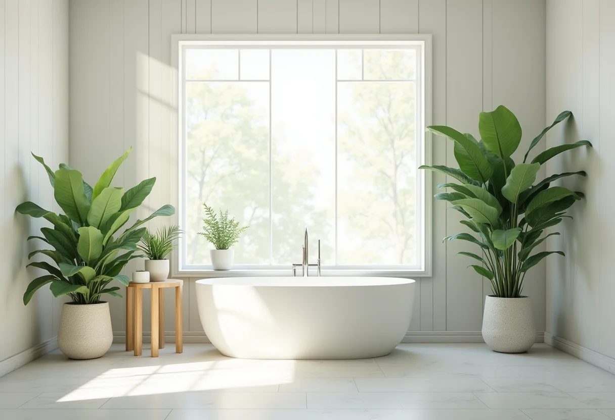 Banheiro dos sonhos com banheira, plantas e luz natural