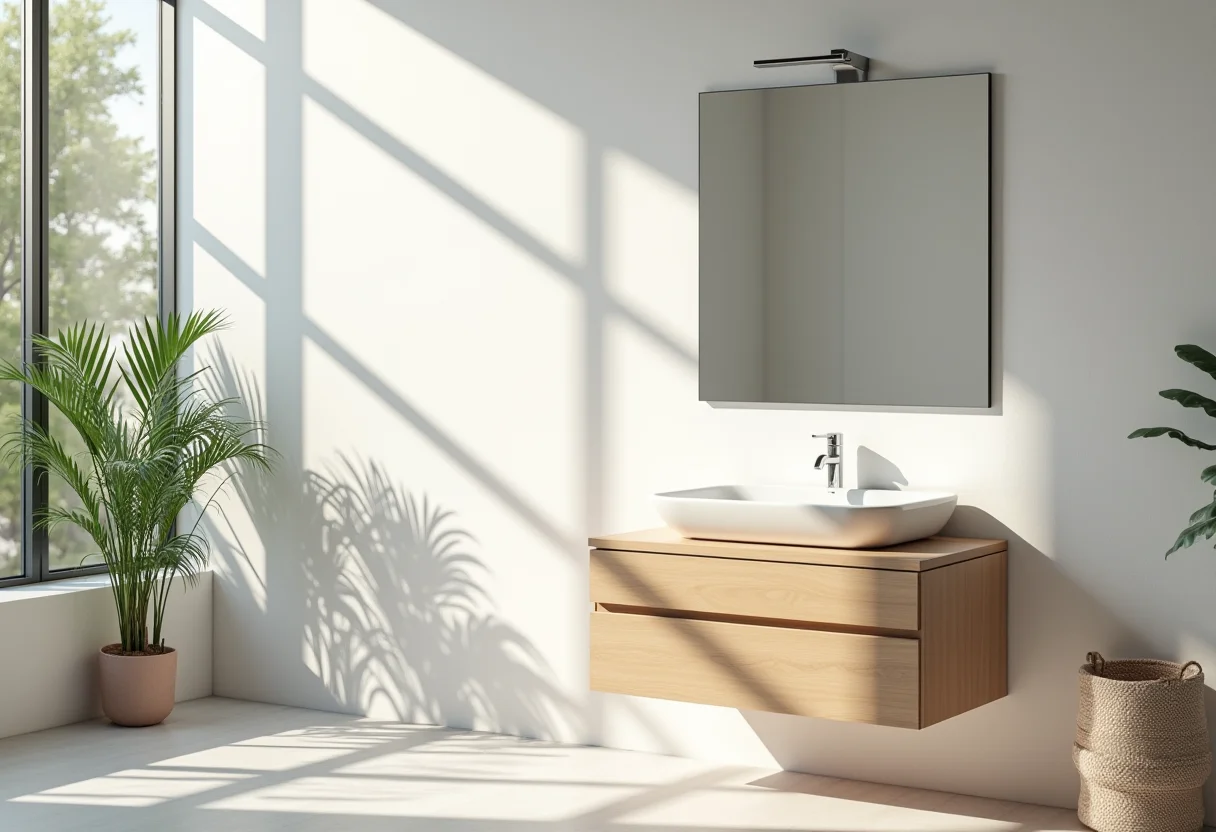 Banheiro dos sonhos com gabinete moderno e iluminação natural