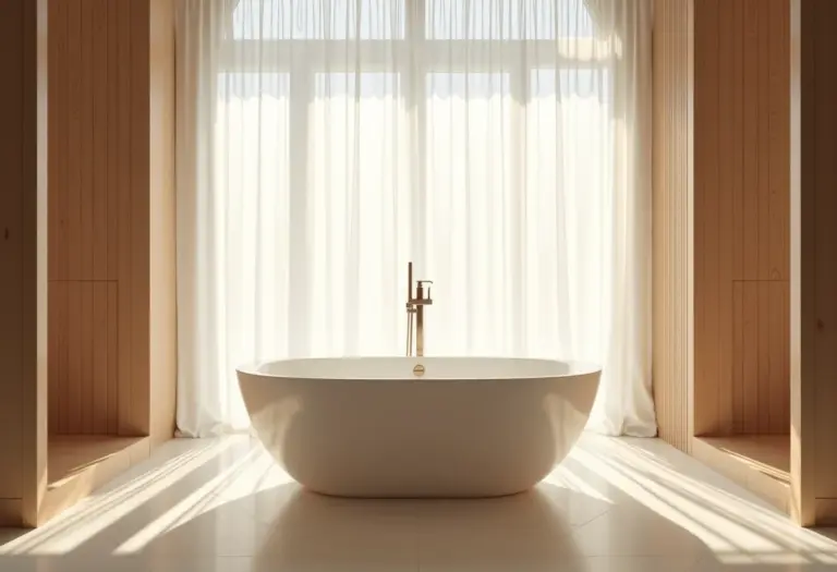 Banheiro elegante com banheira freestanding e iluminação suave