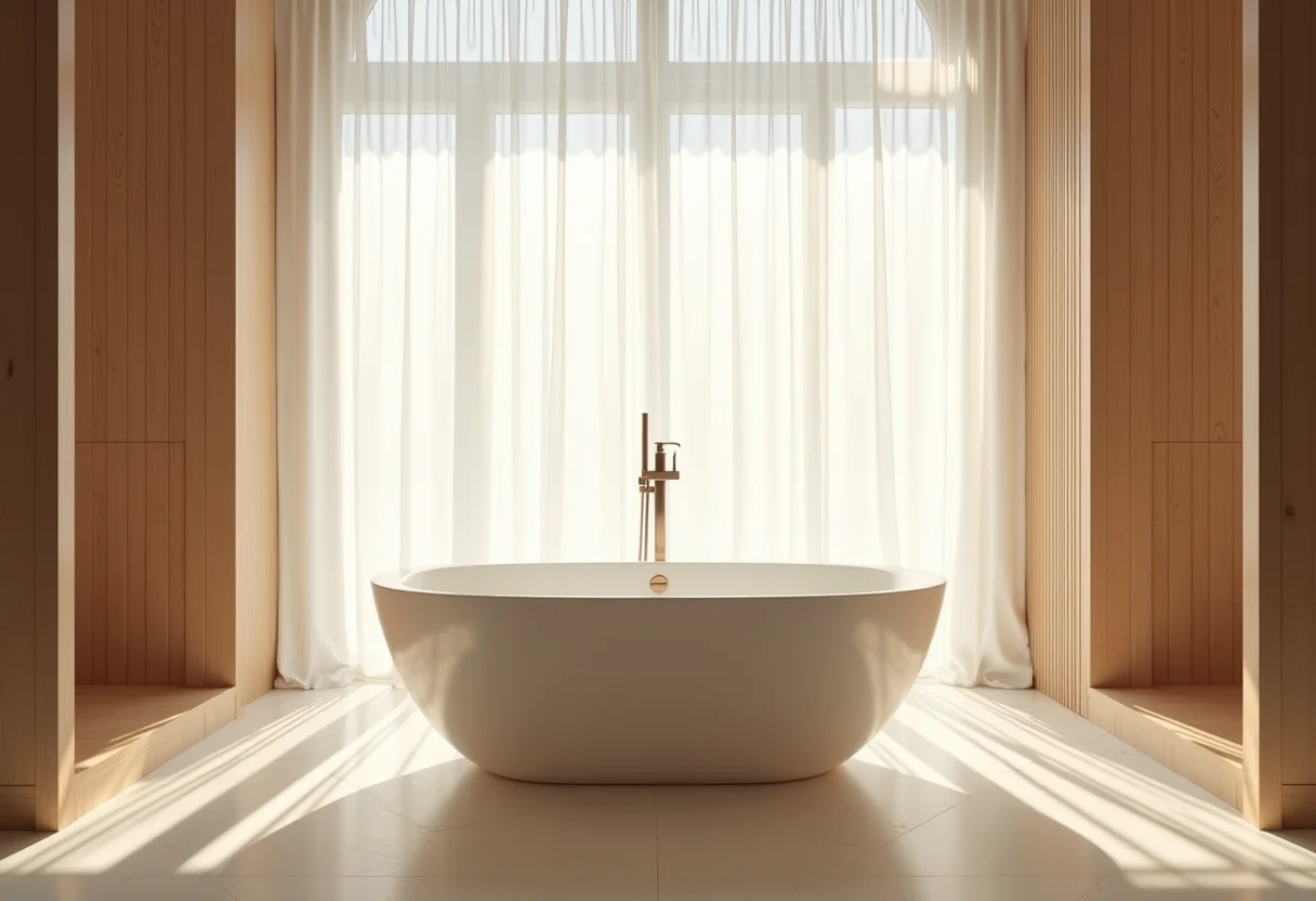 Banheiro elegante com banheira freestanding e iluminação suave