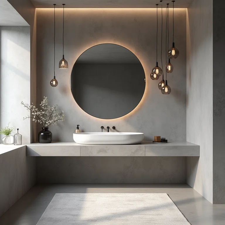 Banheiro elegante com paredes em concreto cinza e espelho redondo.