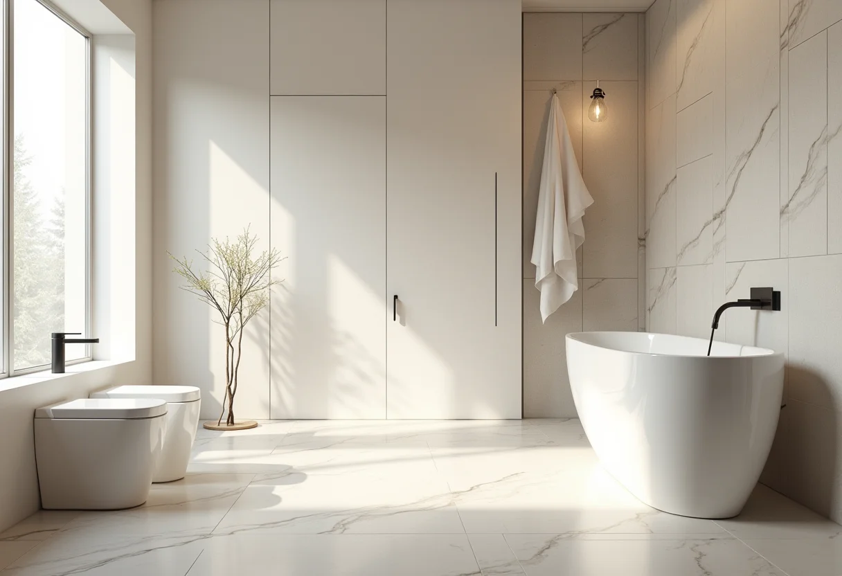 Banheiro elegante com porcelanato em diferentes acabamentos