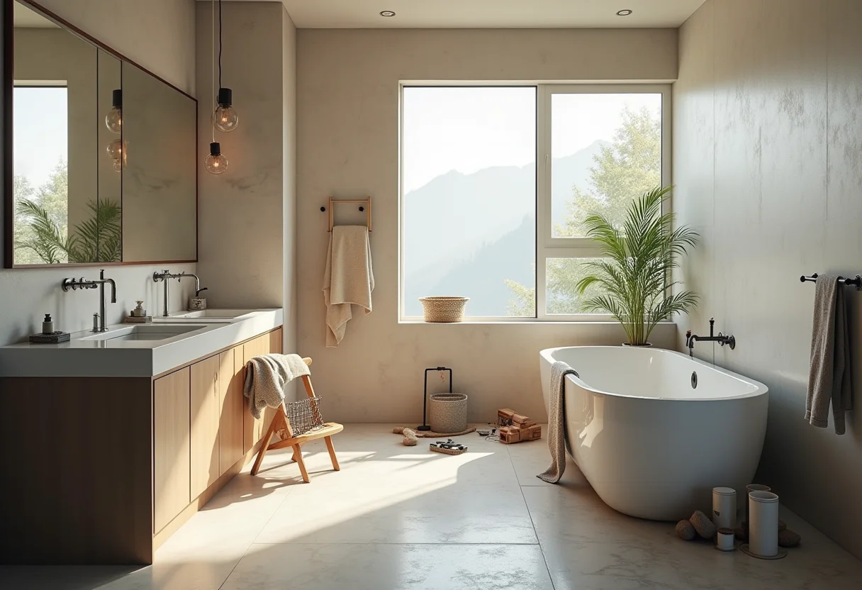 Banheiro em reforma com ferramentas e luz natural.